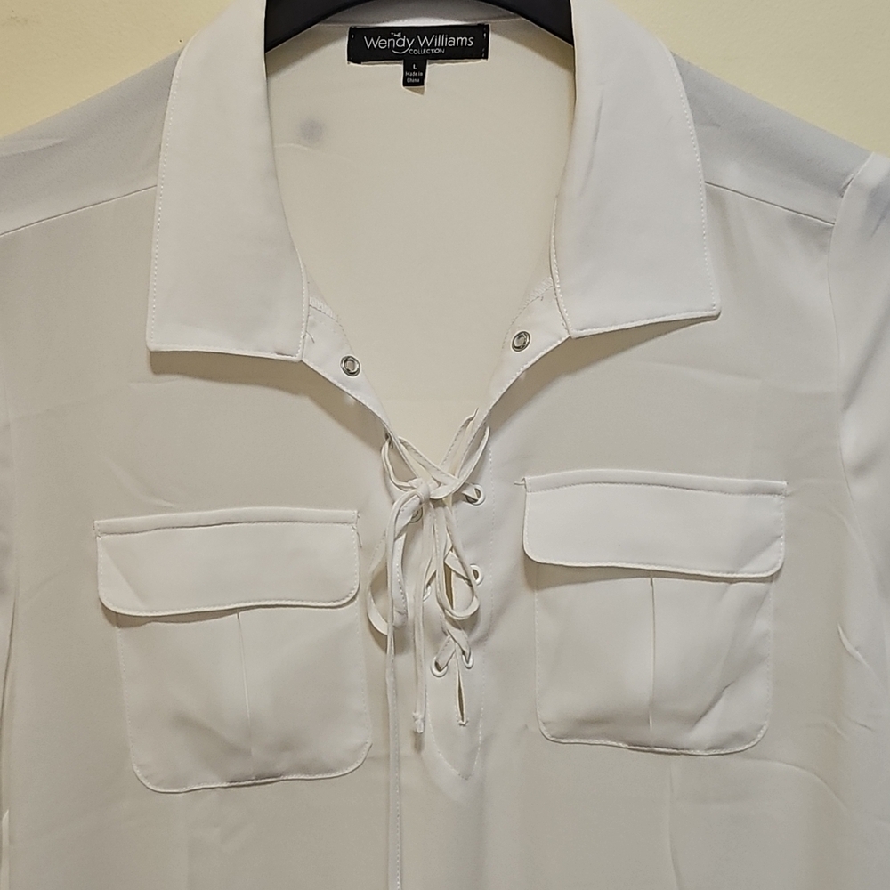 Wendy Williams Collection Chic White Lace-Up Long Sleeves Blouse (large)